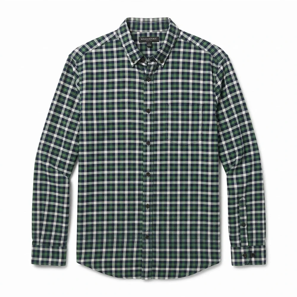 Banana Republic Luxe Flannel Shirt Mens XL Green Plaid Excellent Grant Fit